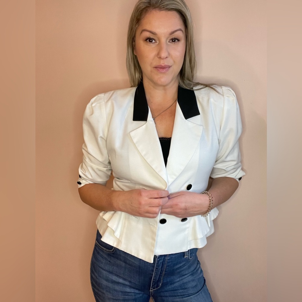 Vintage Unique White & Black Double Breasted Peplum Waist Blazer, Size M